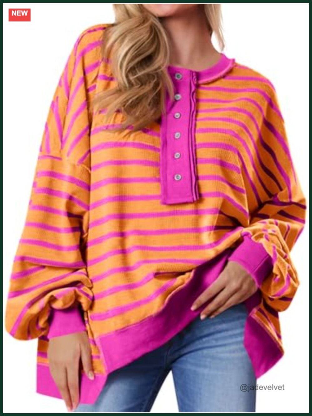 Oversized Waffle Knit Henley Sweatshirt Women Striped Pullover Top